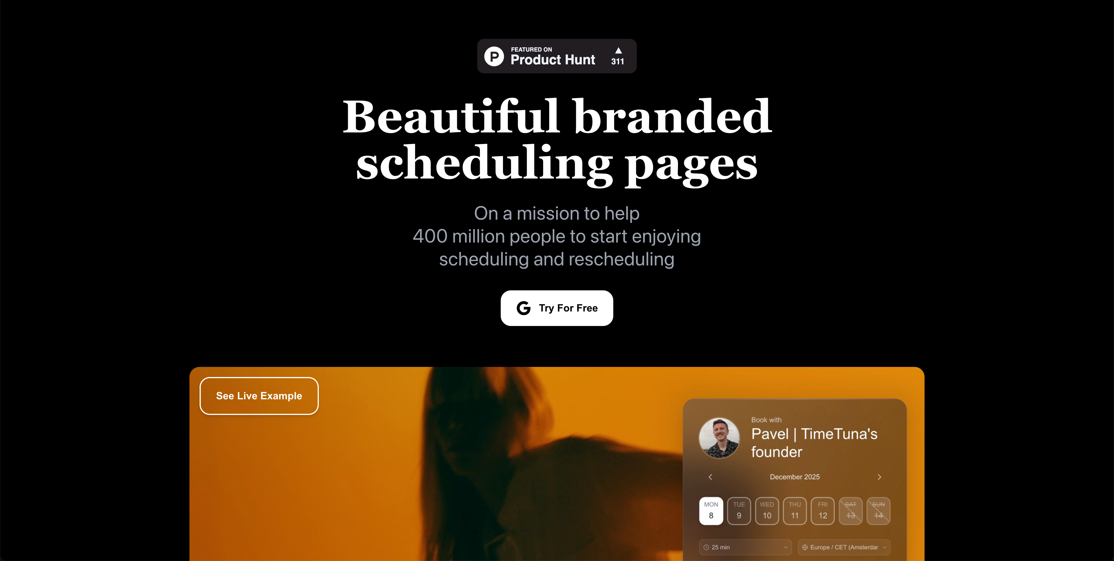 I got inspired to build a scheduling tool that looks gorgeous (thanks to video backgrounds), and recommends you the best 3 time slots using AI as a default (with a full calendar being fall back)

Comments URL: https://news.ycombinator.com/item?id=47062319
Poi…