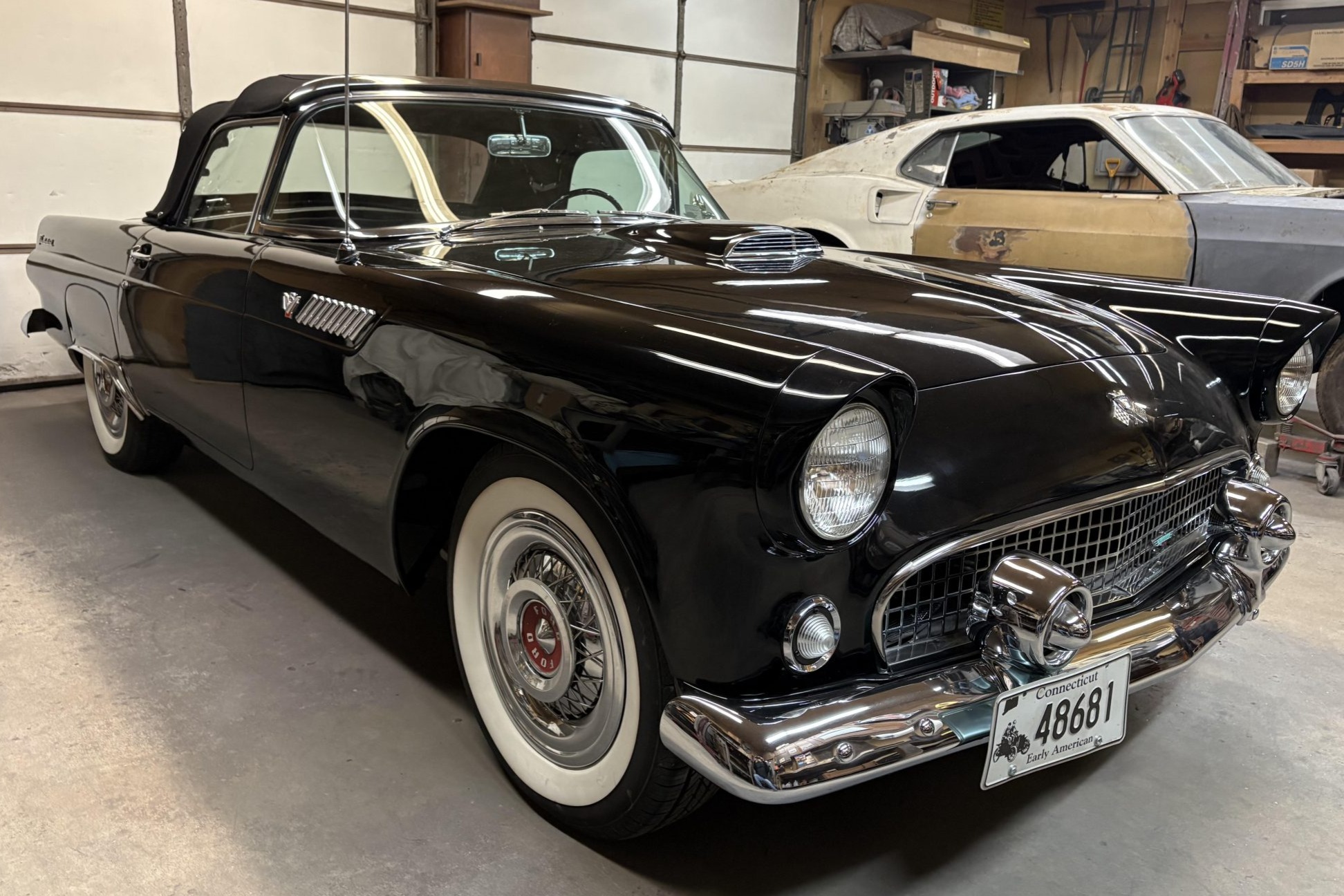 This 1955 Ford Thunderbird was acquired in 1999 by the seller, who performed a refurbishment that was completed in 2007. The car is powered by a 292ci V8 paired with a three-speed Fordomatic automatic transmission, and its black finish is complemented by a ma…