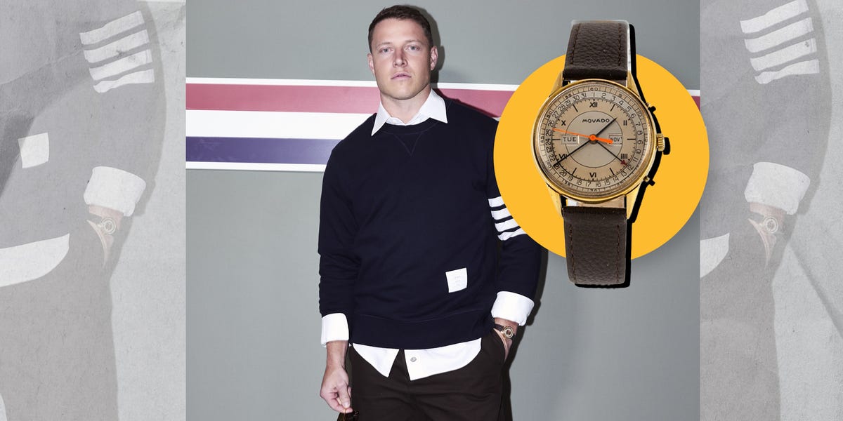 Christian McCaffrey wore a 1940s 18k gold Movado triple-calendar watch—a mechanical vintage pick that proves subtle style beats oversized trends.