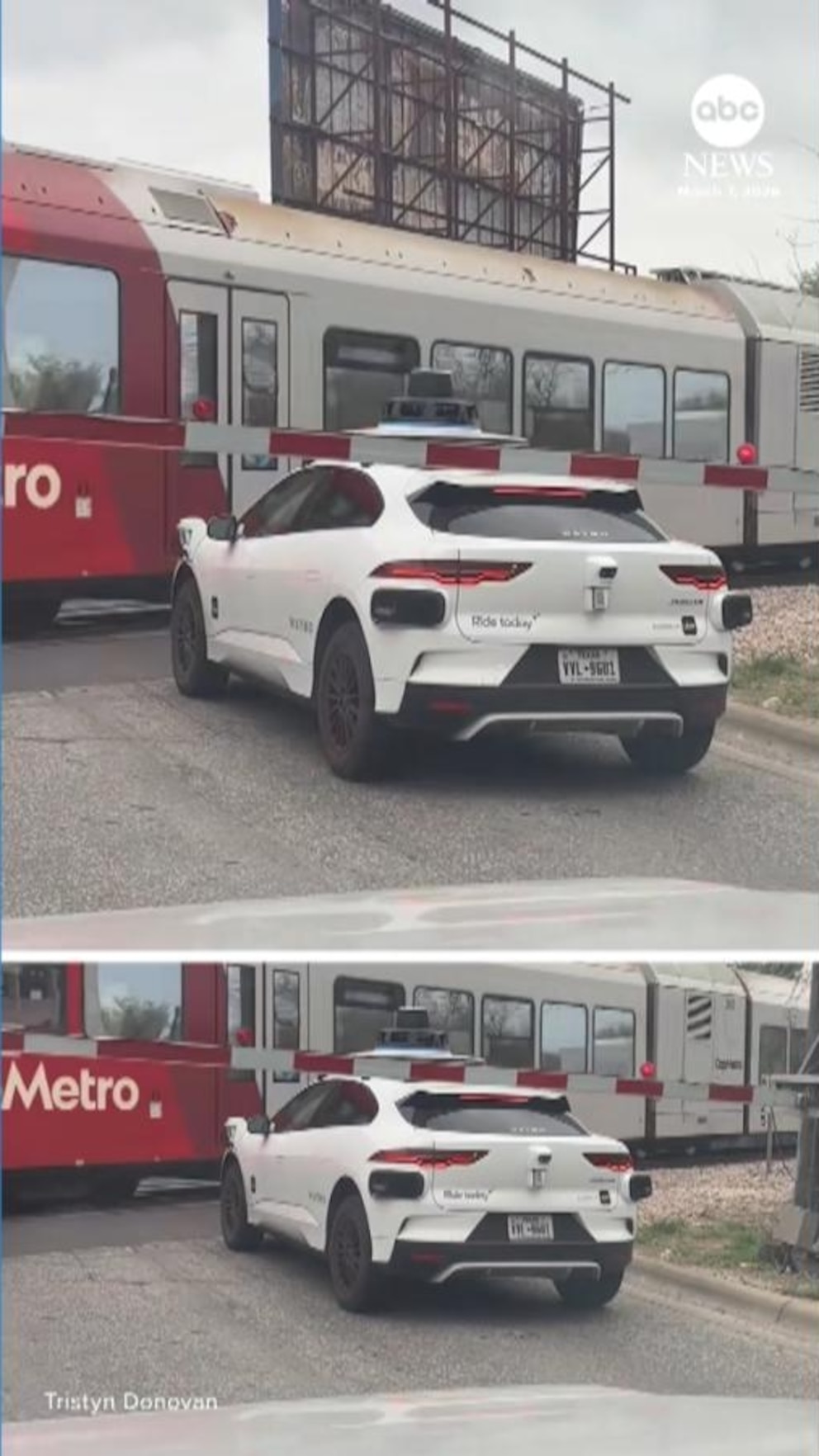 Waymo says there were no passengers onboard a self-driving car that was seen stopped between train tracks and a crossing gate at a railroad crossing in Austin, Texas, as a train went past.