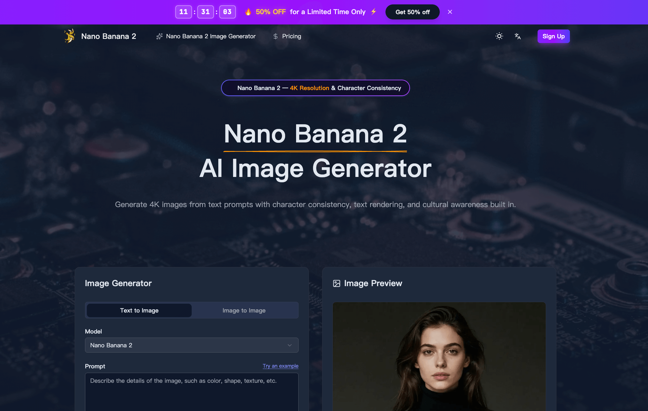 Nano Banana 2 is a free AI image generator providing text-to-image creation, image editing, 4K upscaling, and character consistency powered by the NanoBanana 2 model.