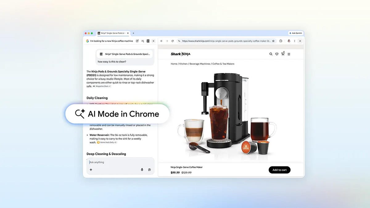 With the new AI Mode, any search result you visit opens side-by-side with your search window so you can more easily view them together.