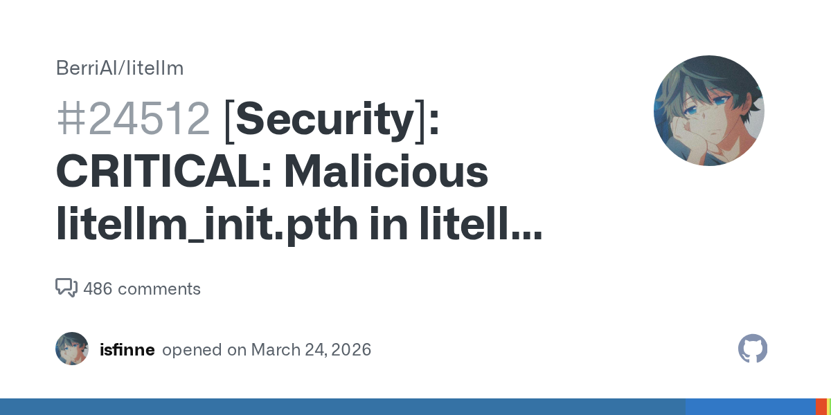 [Security]: CRITICAL: Malicious litellm_init.pth in litellm 1.82.8 PyPI package — credential stealer Summary The litellm==1.82.8 wheel package on PyPI contains a malicious .pth file (litellm_init.p...