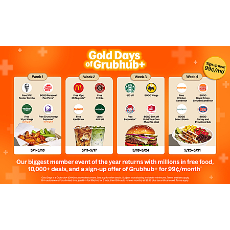 Gold Days of Grubhub+ 2026 runs from May 1–31, offering four weeks of exclusive,, major deals, including over 10,000 member-only discounts, free food, and weekly price drops for Grubhub+ members. The...