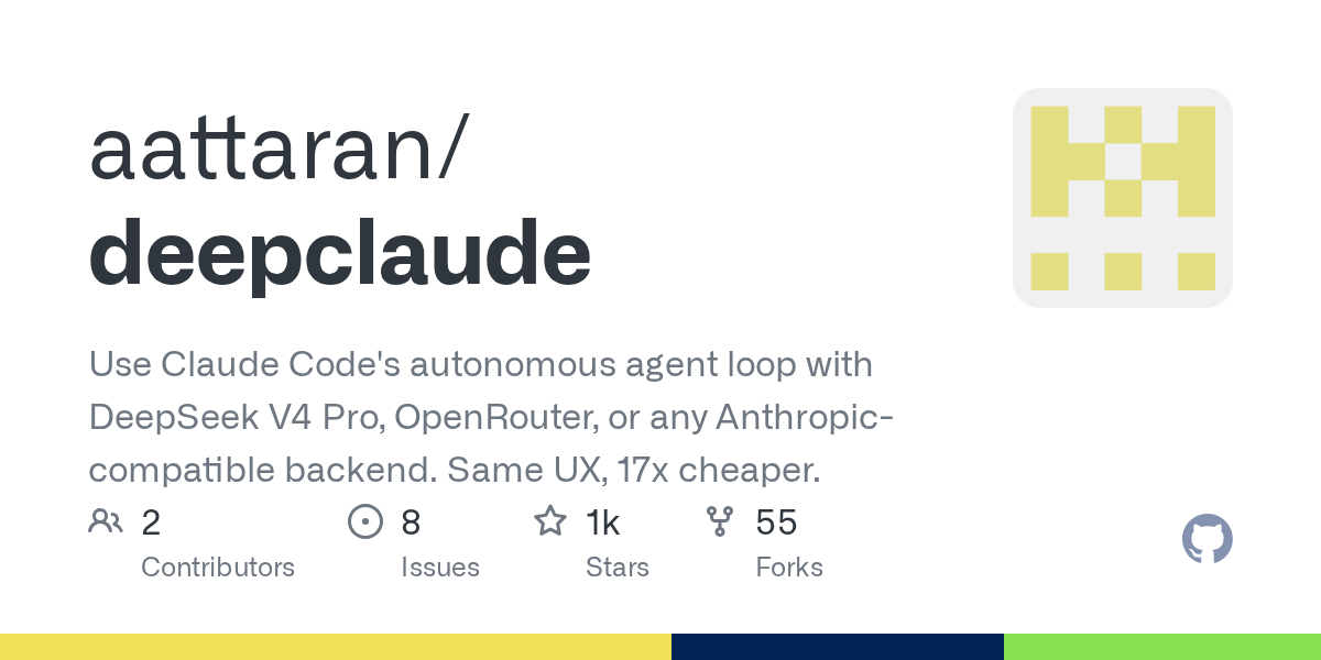 Use Claude Code's autonomous agent loop with DeepSeek V4 Pro, OpenRouter, or any Anthropic-compatible backend. Same UX, 17x cheaper. - aattaran/deepclaude